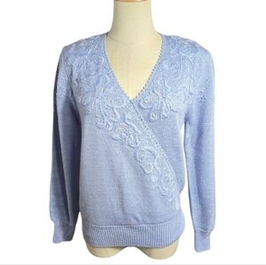 Jaclyn Smith Vintage Light Blue V-Neck Embroidered Beaded Sweater